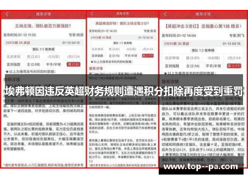 埃弗顿因违反英超财务规则遭遇积分扣除再度受到重罚